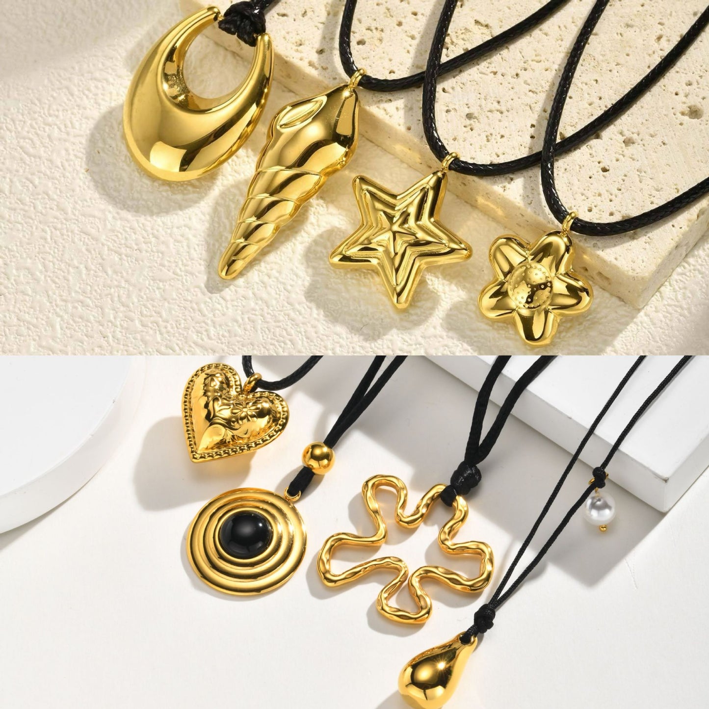 Stainless Steel Geometric Hollow Pendant Star Conch Small Flower Wax Rope Necklace