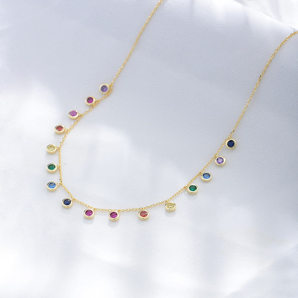 S925 Sterling Silver Colored Round Zircon Necklace Colorful Gemstone Pendant Rainbow Necklace