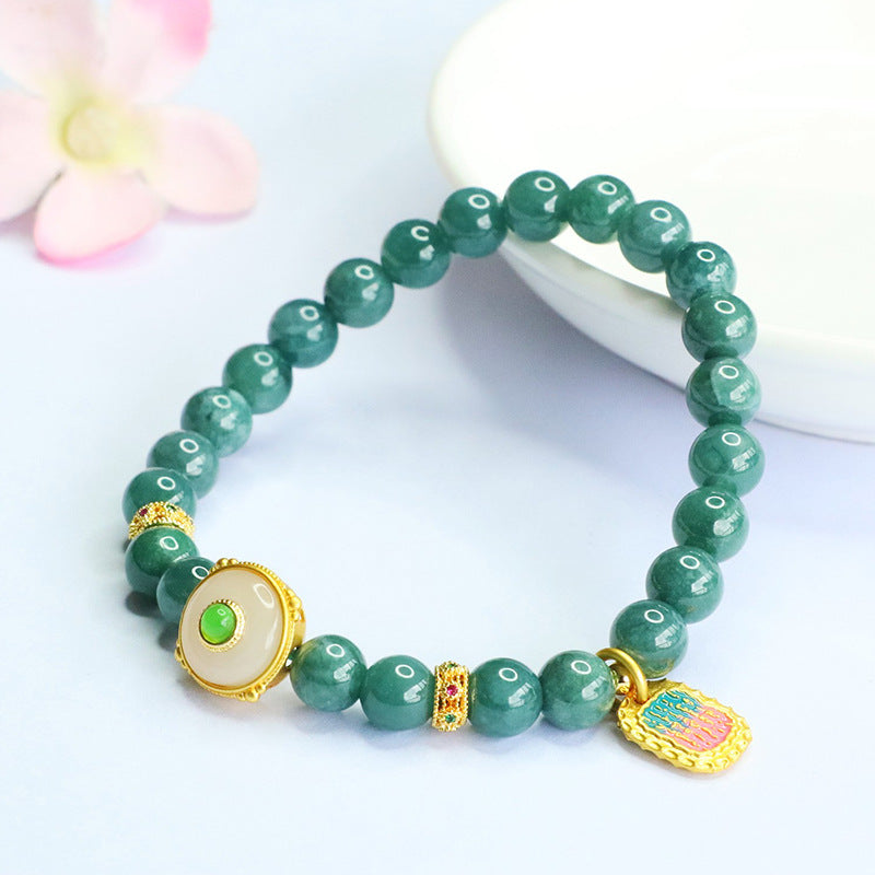 Blue Water Jadeite Script-Accent Beaded Bracelet