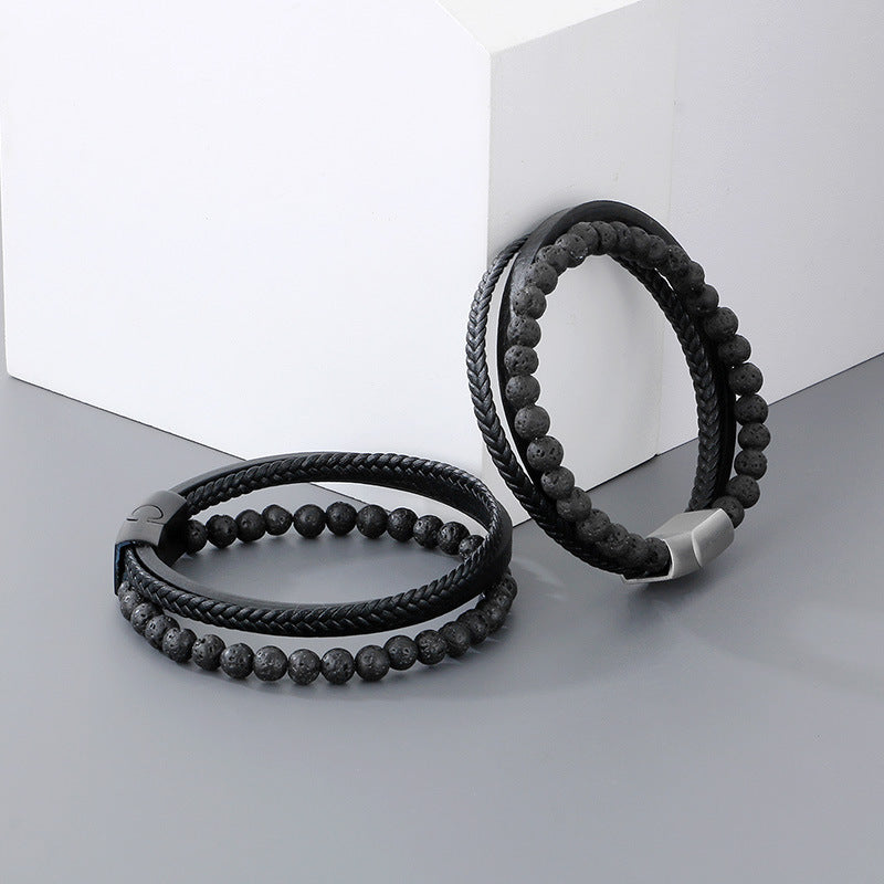 Multi-Layer Woven Leather Rope Titanium Steel Bracelet – Volcanic Stone Beaded Men's