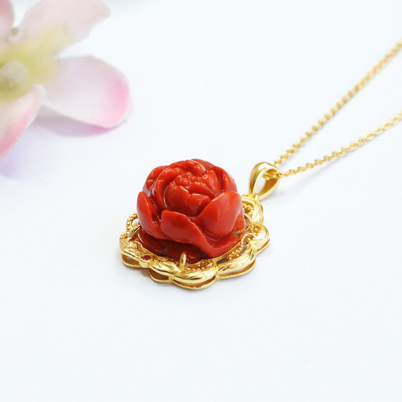 Baoshan Nanhong Agate Peony 925 Silver Pendant — No Chain