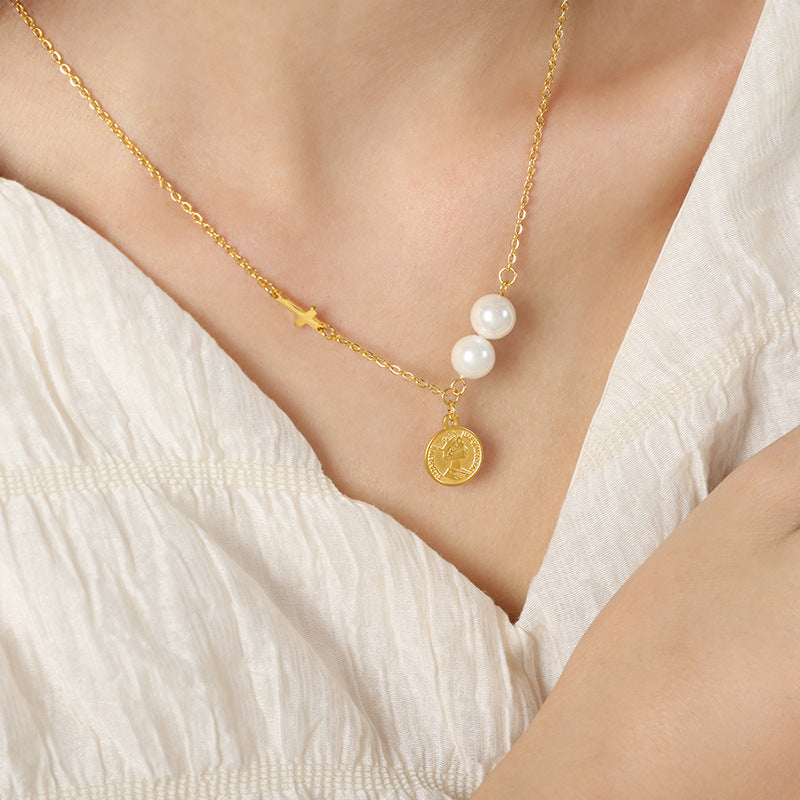 Golden Glow Pearl Necklace with Titanium Steel Pendant