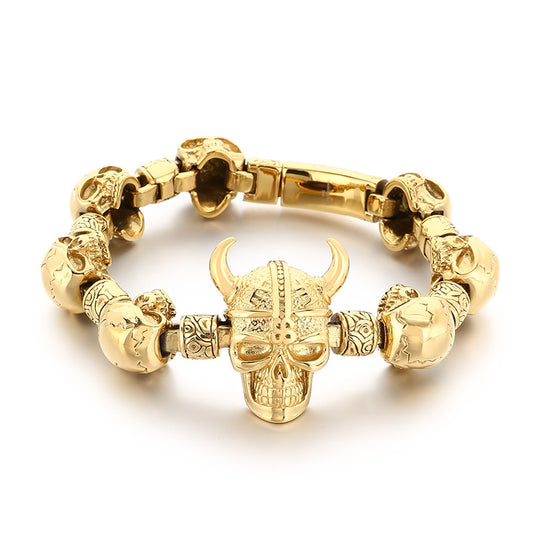 Layered Ghost Head – Punk Style Viking Horn Skull Men's Stainless Steel Bracelet