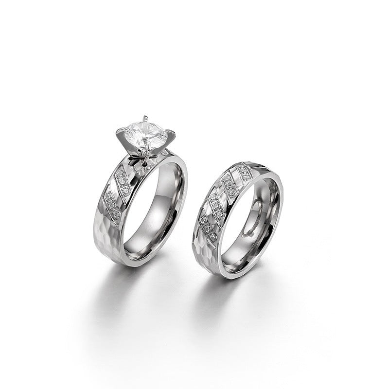 Titanium Steel Couple Ring Pair Ring, Hammer Texture Inlaid Zircon Titanium