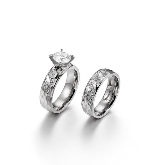 Titanium Steel Couple Ring Pair Ring, Hammer Texture Inlaid Zircon Titanium
