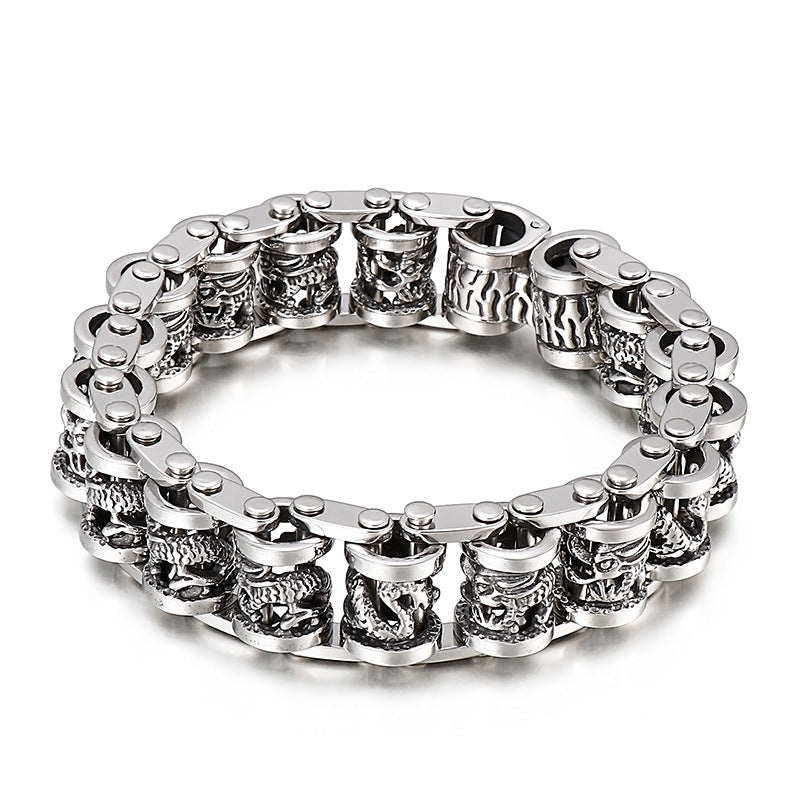 Vintage Dragon Bicycle Chain Men's Stainless Steel Bracelet - Bold Retro Hand Jewelry for a Dominant Look