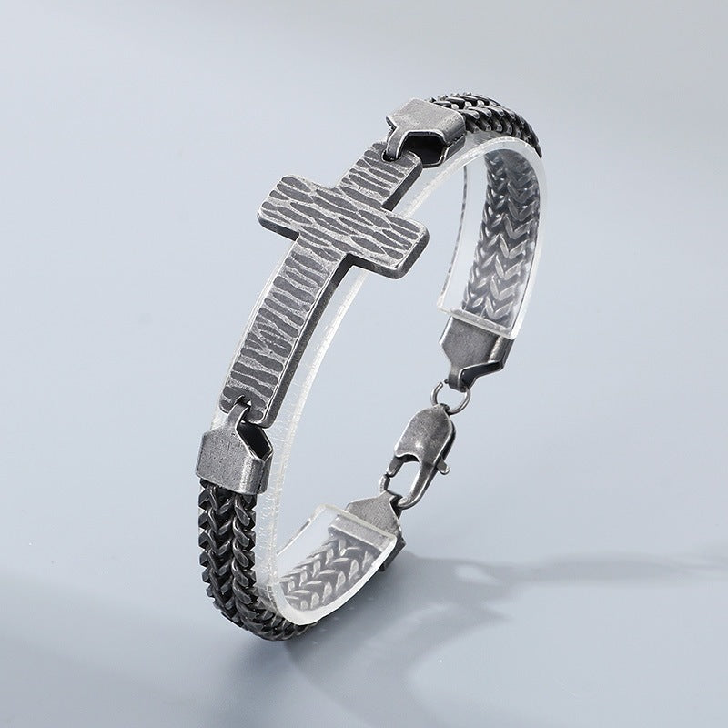Double-Row Keel Chain Bracelet – Hammer Pattern Texture Bending Brand Cross – Stainless