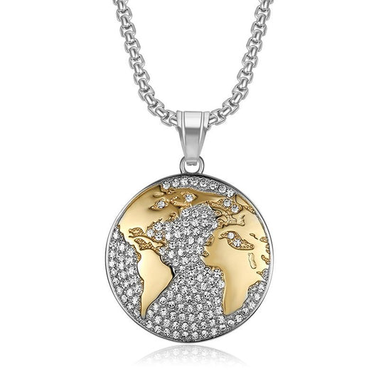 Planderful Hip Hop World Map Necklace For Urban Fashion Fans Stainless Steel Gold Plated Rhinestone Pendant
