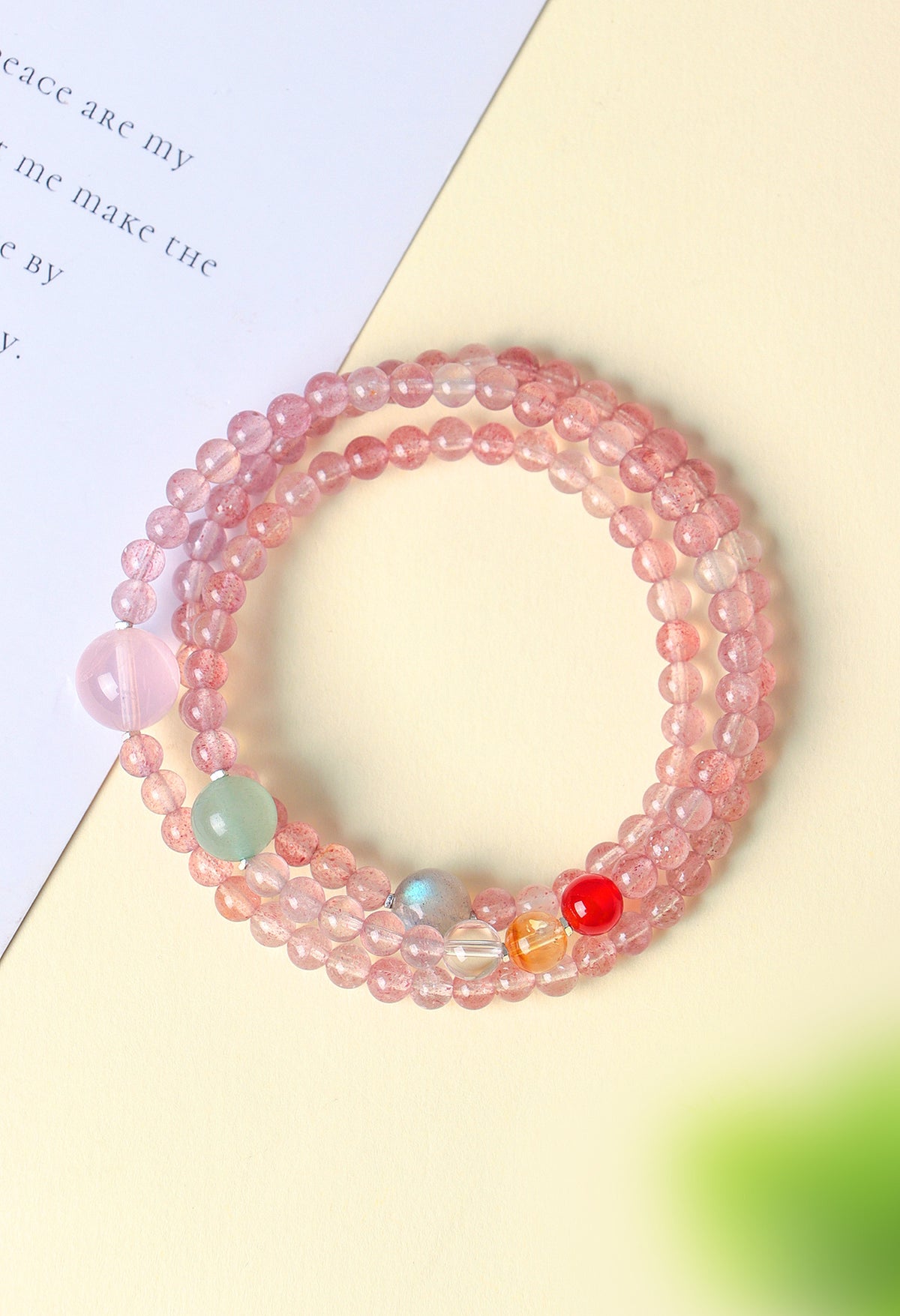 Strawberry Quartz Agate Moonstone Triple-Wrap Bracelet