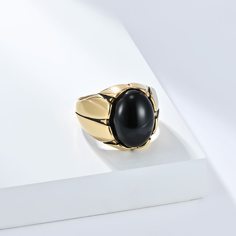 Planderful Everyday Genie Men's Tiger's Eye Stainless Steel Ring Oval Egg Shaped Black Gemstone For Men