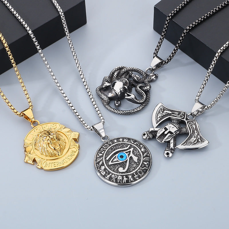 Mythology Series Pendant, Retro Double-Sided God Axe Mask Devil'S Eye Snake Woman Titanium Necklace