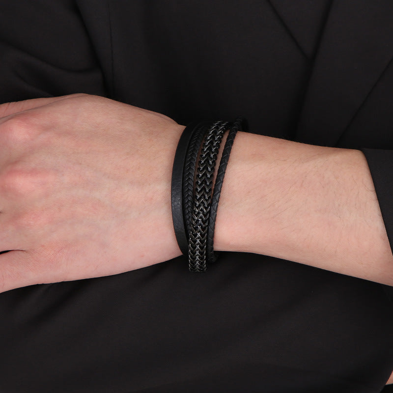 Planderful Men Titanium Steel Chain Cowhide Bracelet Genie