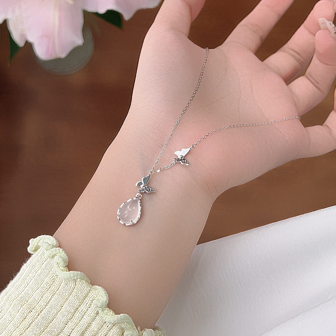 S925 Sterling Silver Natural Chalcedony Butterfly Necklace