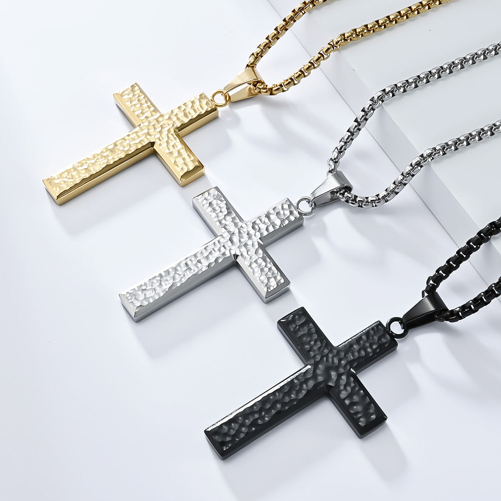 Planderful Titanium Steel Cross Necklace For Men Hand-Hammered Irregular Pendant Everyday Genie Collection