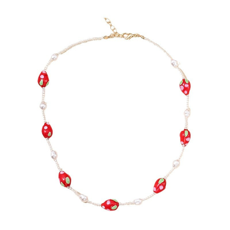 Sweet Strawberry Heart Necklace with Pearl Detail