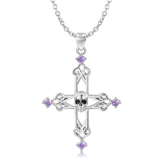 Halloween Skull Hollow Cross Pendant Purple Zircon Silver Necklace