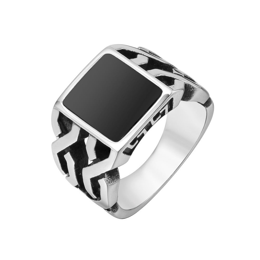 Planderful Titanium Steel Ring Unisex Retro Square Stone Design For Men And Women Bold Statement Jewelry
