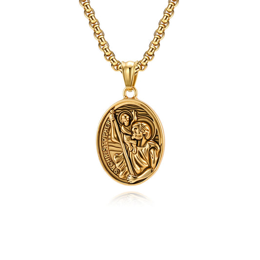 Planderful St Christopher Necklace For Men Titanium Steel Pendant Retro Literary Style Everyday Genie