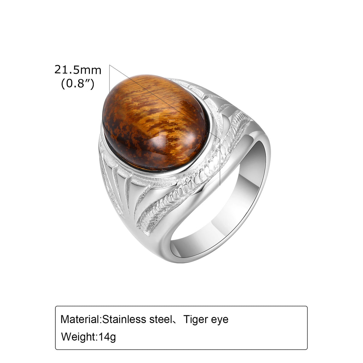 Stainless Steel Natural Tiger's Eye Oval Ring Men's Steel Color