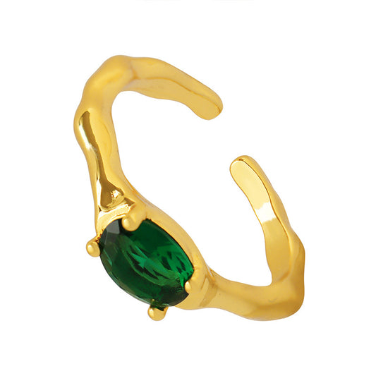 Emerald Oval Zircon Inlaid Brass Rings with Korean-Inspired Design