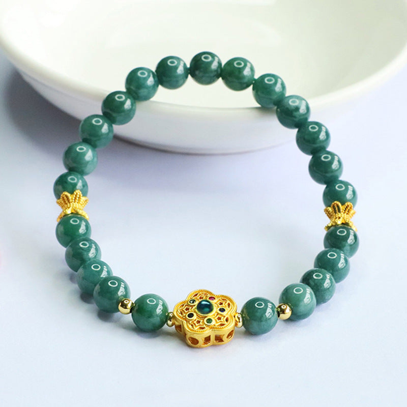 Blue Water Jadeite Five-Petal Flower Beaded Bracelet
