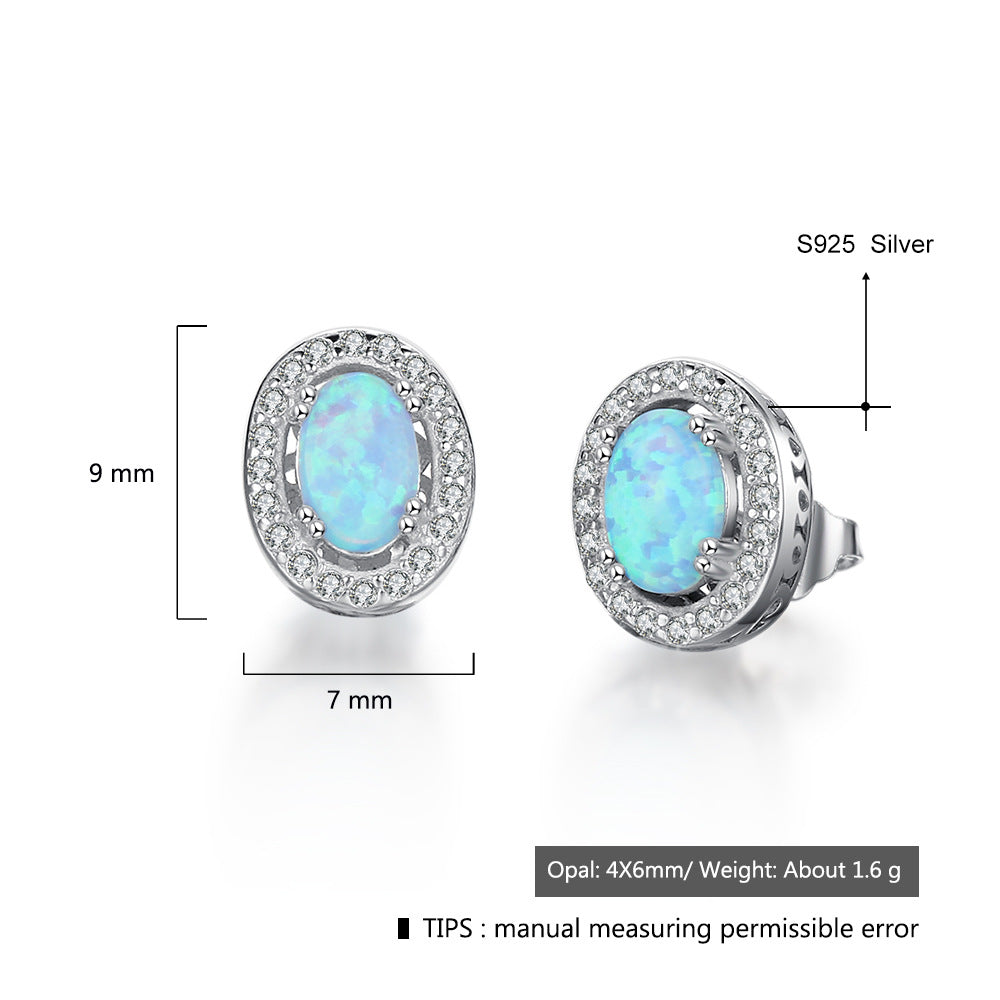 Planderful Jewelry Sterling Silver Opal Stud Earrings With Blue Oval Opal And Zircon Halo