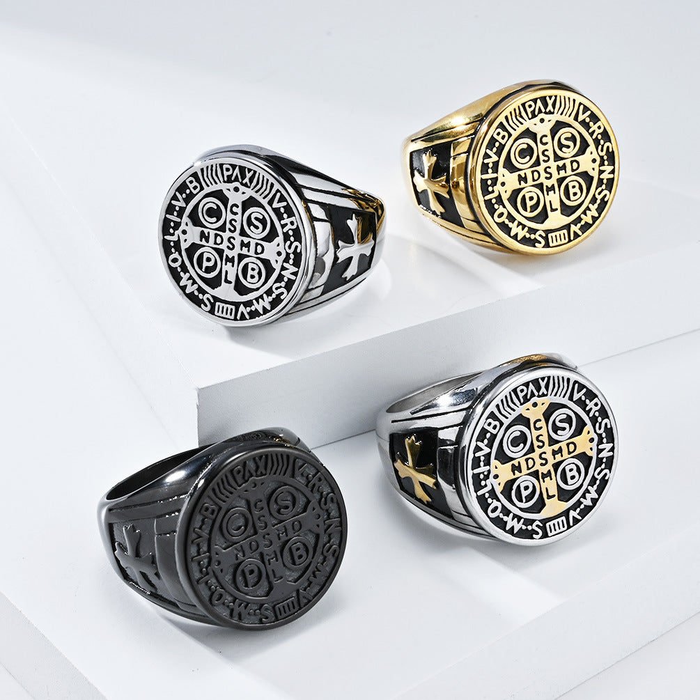 European And American Retro Style St. Benedict Exorcist Cross Ring For Men