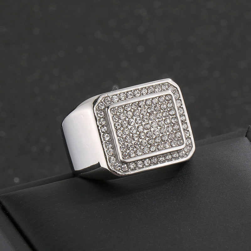 Hip-Hop Square Ring, Luxury Vacuum Plating Full Of Zircon Titanium Steel Men's Ring