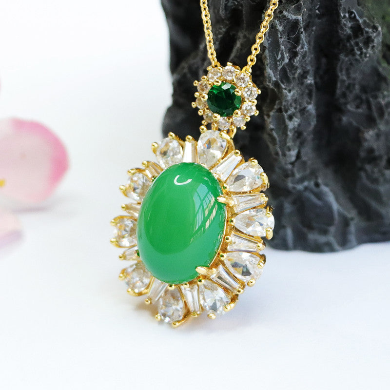 Rich Zircon Necklace with Natural Green Chalcedony Pendant