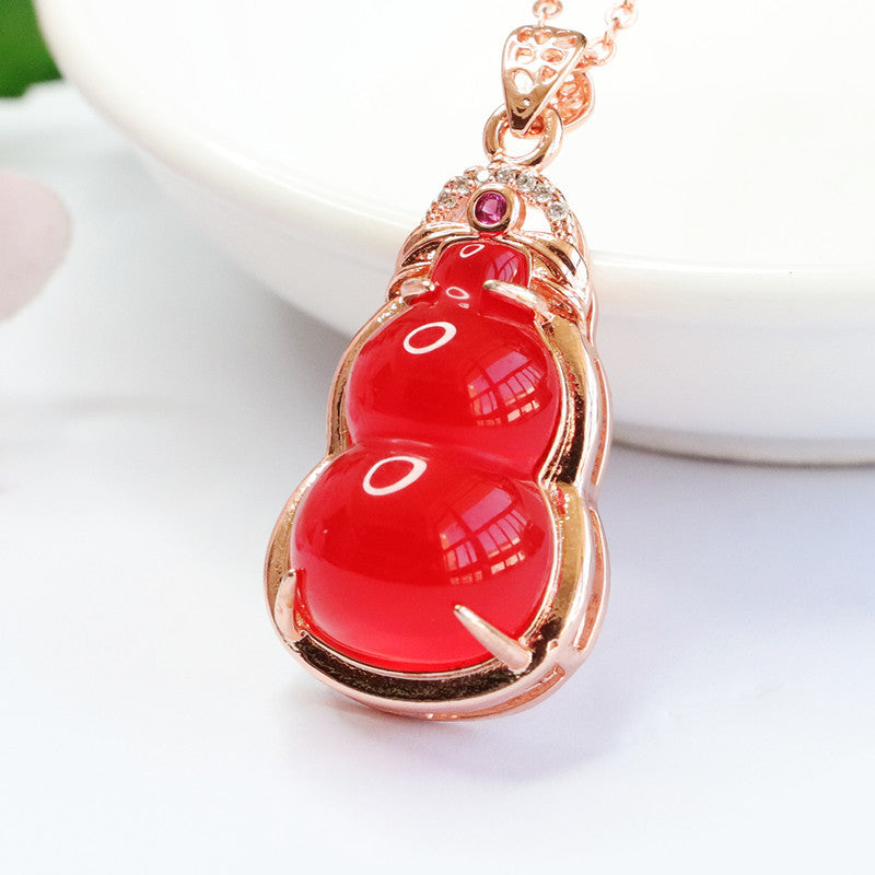 Red Agate Gourd Rose-Gold-Tone Pendant — No Chain