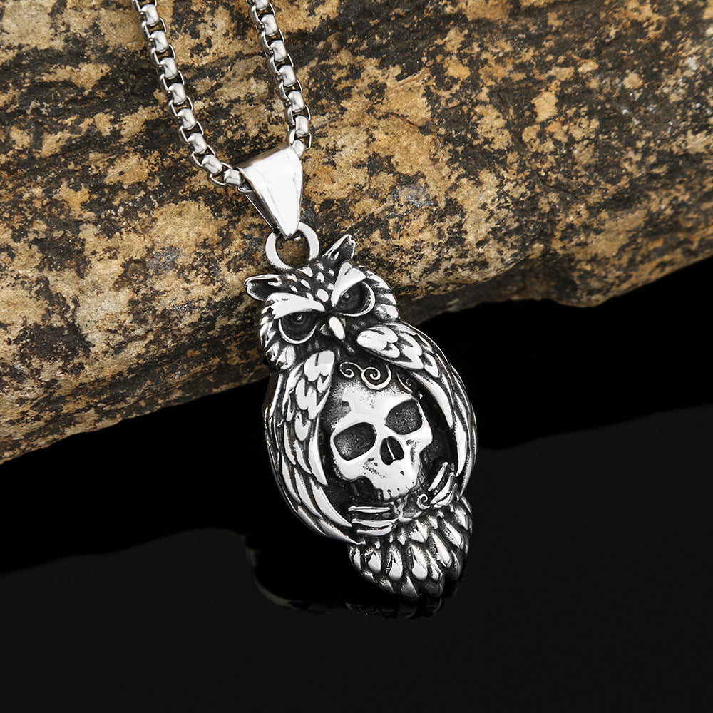 New Stainless Steel Owl Pendant Retro Skull Necklace for Men