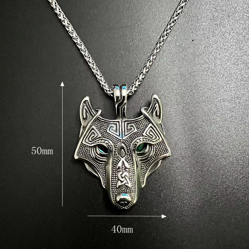 Planderful Everyday Genie Wolf Head Pendant Necklace Stainless Steel Green Eyes Nordic Viking Celtic For Men