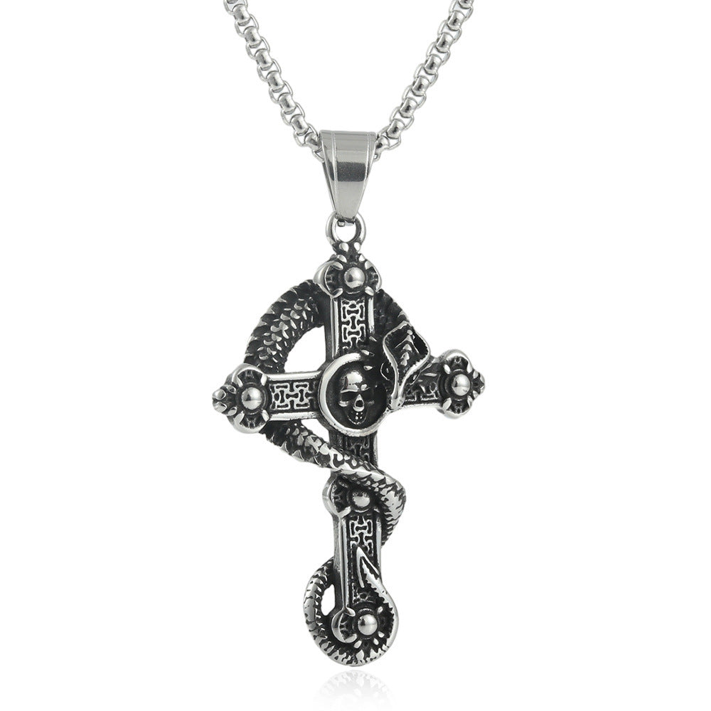 European And American Stainless Steel Skull Pendant Men's Trendy Retro Titanium Steel Cross Necklace
