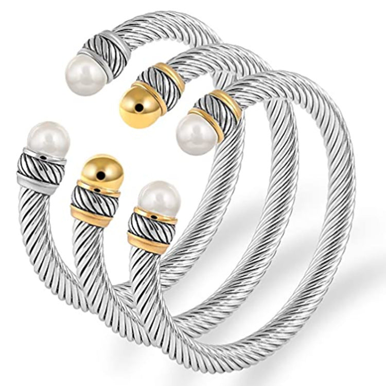 Planderful Everyday Genie Titanium Steel Cable Bracelet With Pearl Accent For Women
