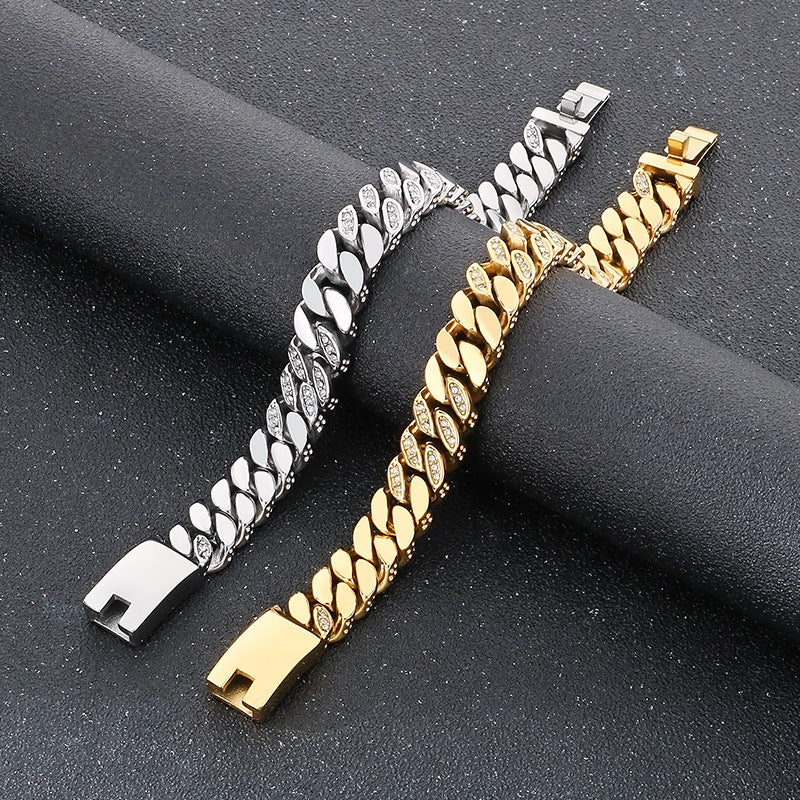 Planderful Mens Hip Hop Titanium Zircon 12mm Cuban Chain