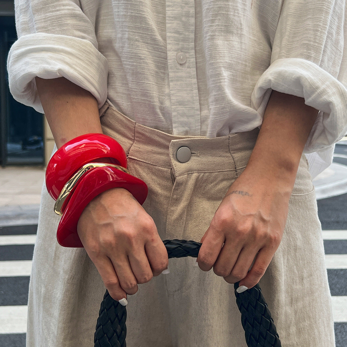 Planderful Vienna Verve Red Geometric Square Bracelet For Women Glossy Wide Versatile Statement Jewelry