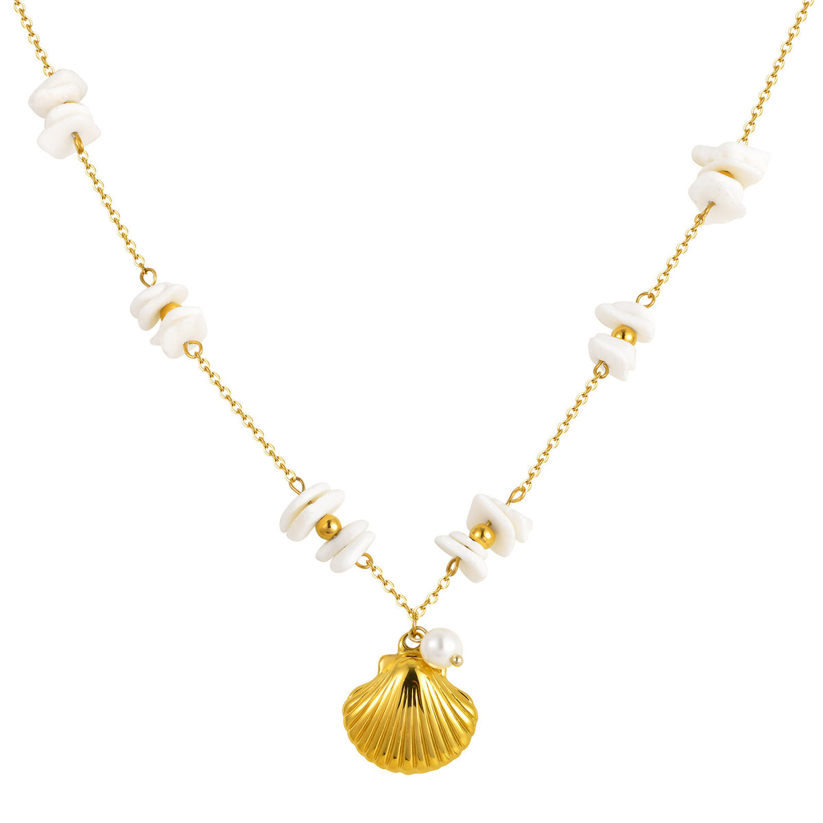 Seaside Summer Small Fresh Ocean Wind Stainless Steel White Shell Square Piece Metal Necklace