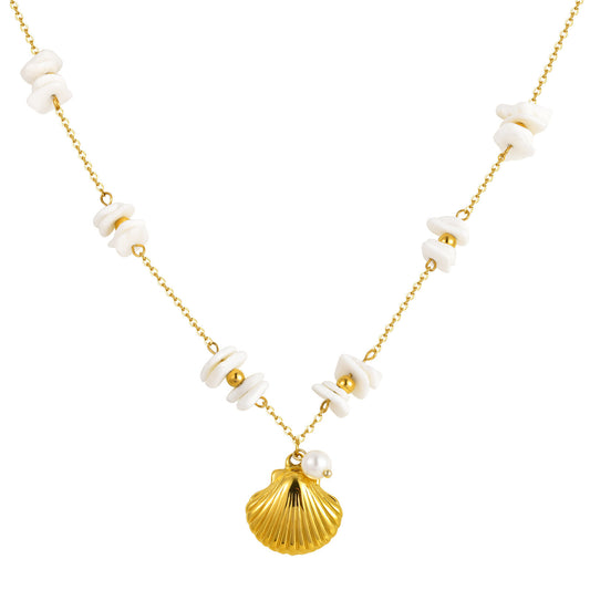 Seaside Summer Small Fresh Ocean Wind Stainless Steel White Shell Square Piece Metal Necklace