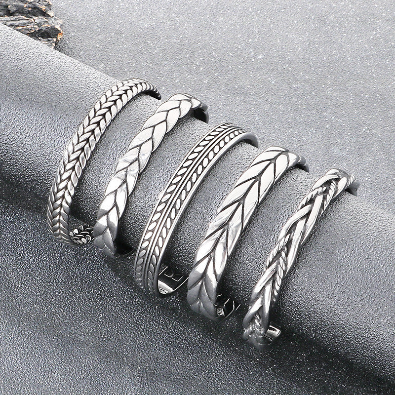 Antique Leaf Pattern C-Shaped Bracelet – Punk Style Leaf Pattern Twist Woven Stainless Steel