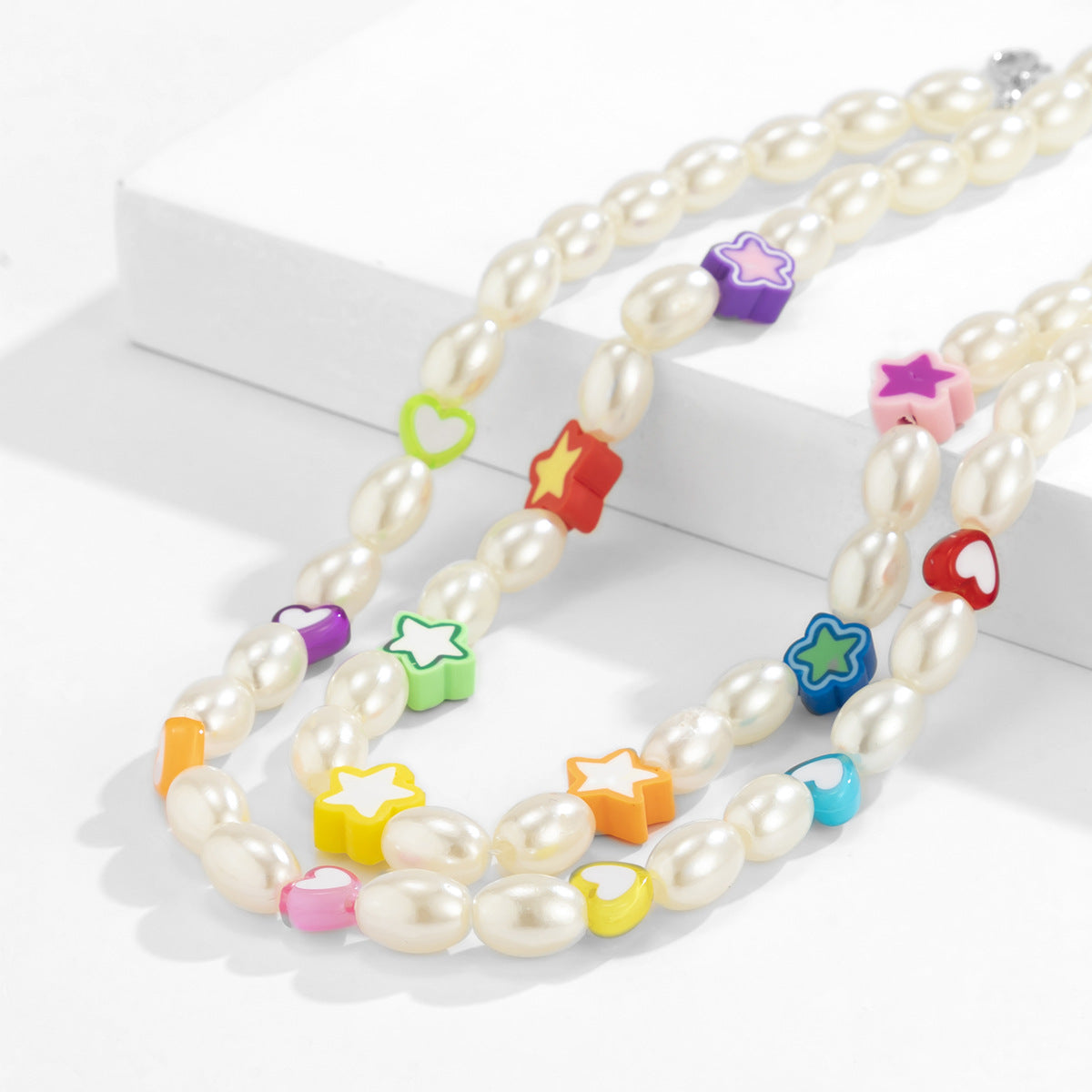 Planderful Vienna Verve Beaded Imitation Pearl Necklace For Women Star And Heart Shapes Mixed Colors