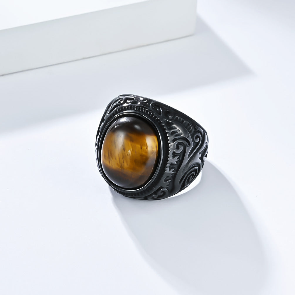 Planderful Mens Titanium Steel Ring With Tiger Eye Gem Retro Engraved Bold Statement Jewelry