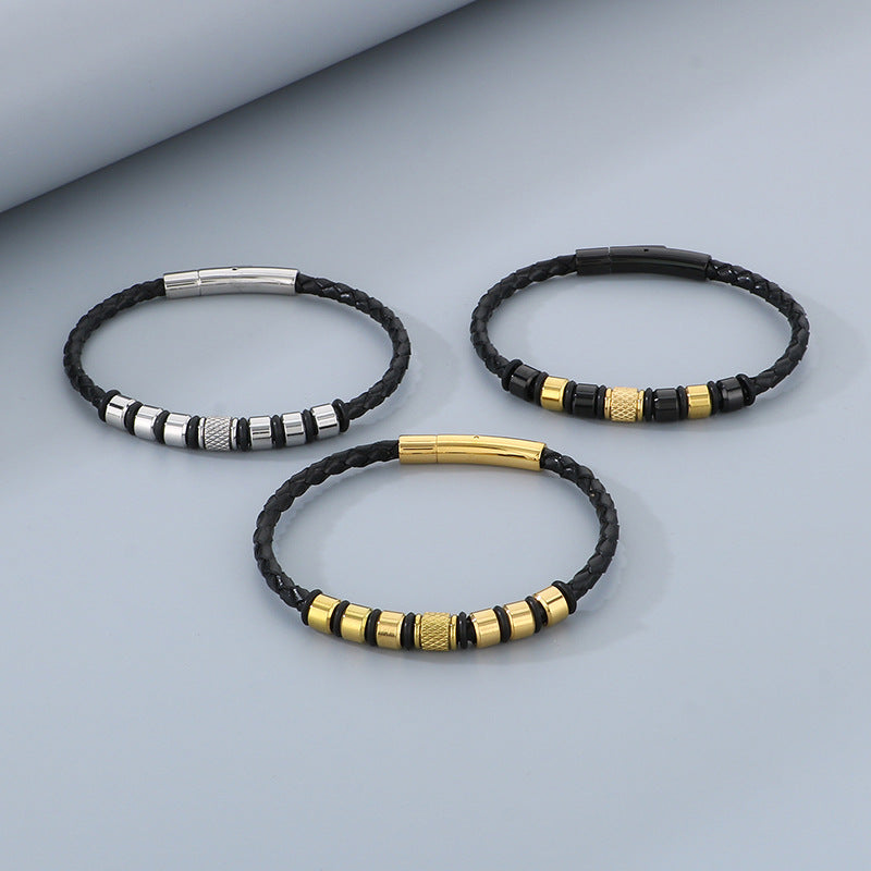 Business Style Men's Leather Rope Bracelet – Stainless Steel Bead Layered Woven Leather