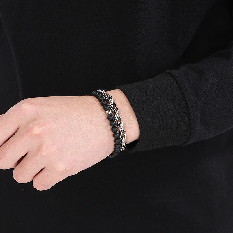 Planderful Black Agate Steel Ball Bracelet Retro Twist Men