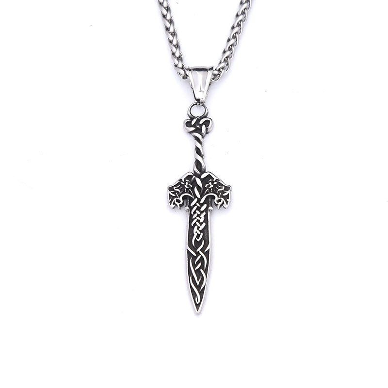 Cross-Border Foreign Trade Supply Stainless Steel Double Wolf Longsword Necklace for Men