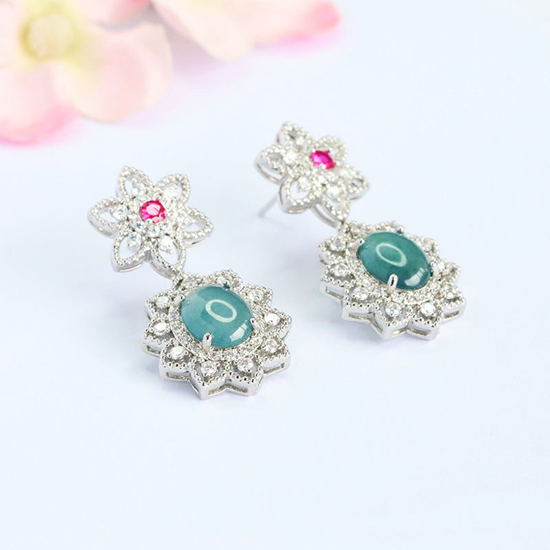 Blue-Water Jadeite Cherry Blossom Stud Earrings