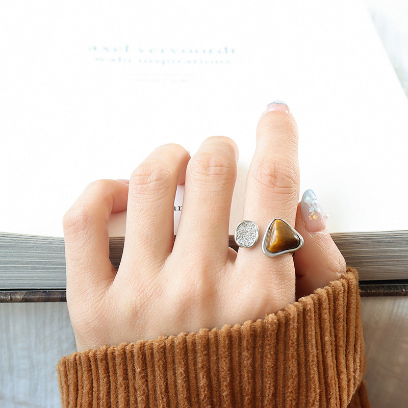 Luxurious Tiger Eye Shell Ring in Titanium Steel - Size 7