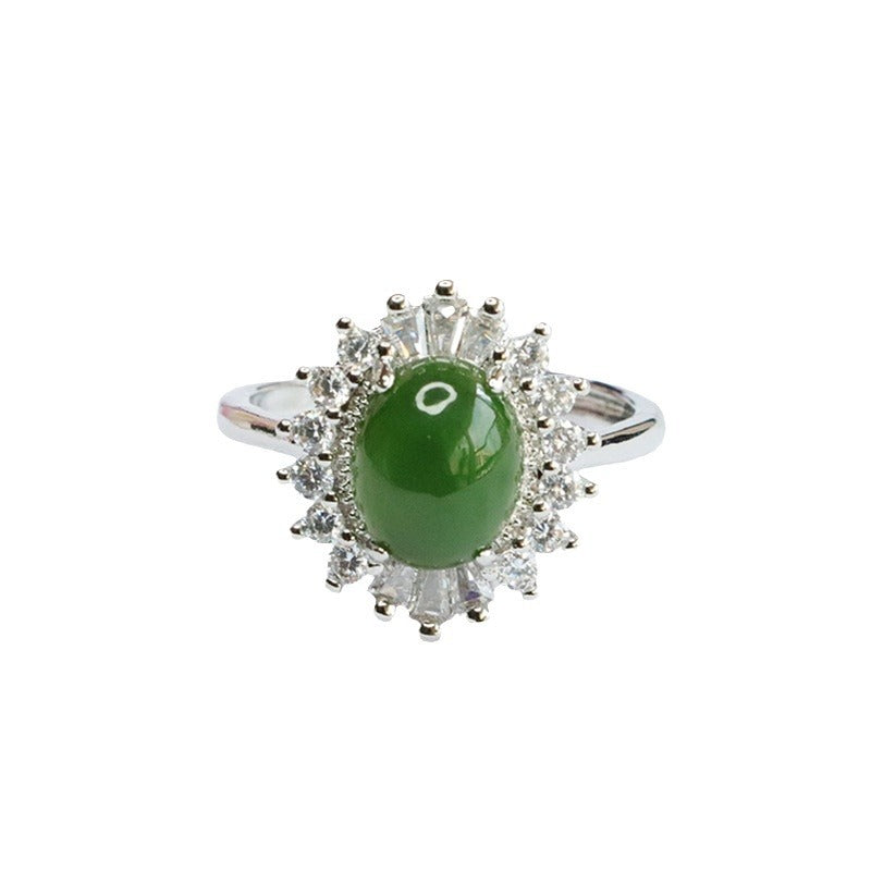 Fortune's Glow Hetian Jade Sterling Silver Ring with Green Jasper, Zircon, and Sunflower Detail