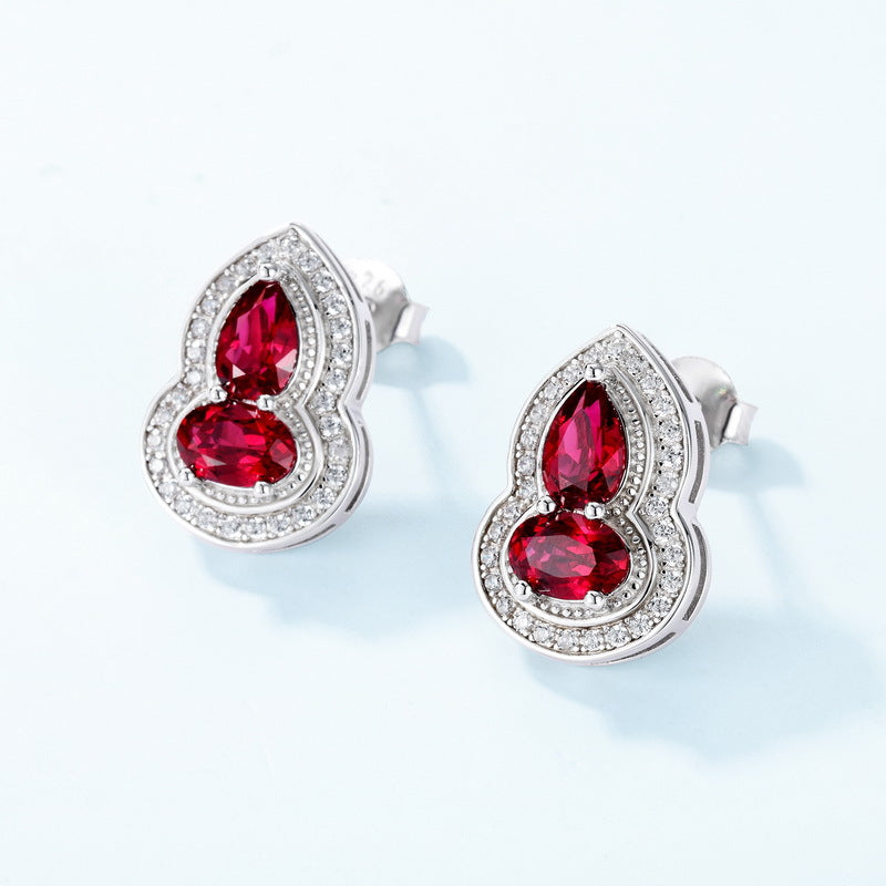 S925 Sterling Silver Lab-Grown Ruby Gourd Stud Earrings