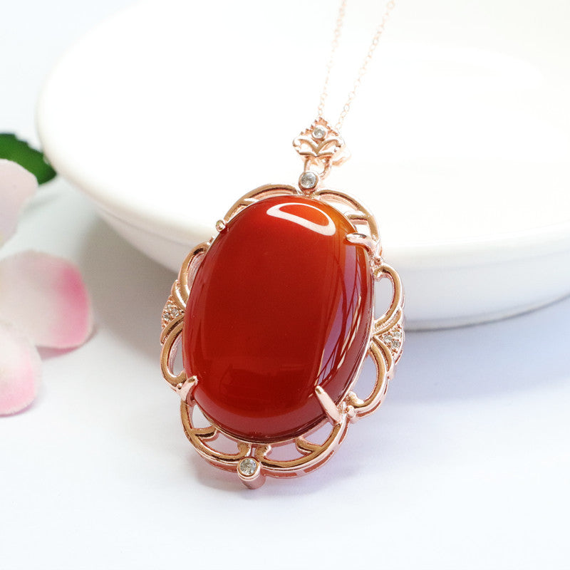 Pigeon Egg Natural Red Agate Pendant Hollow Lace Edge Rose Gold Necklace Jewelry