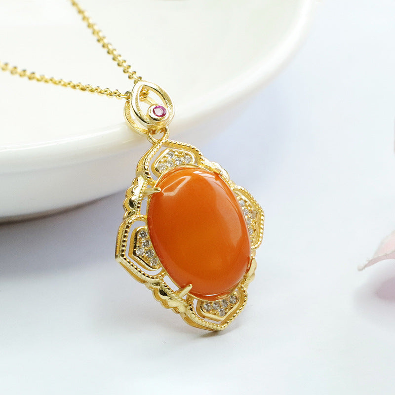 Golden Petal Honey Amber Necklace with Zircon Pendant